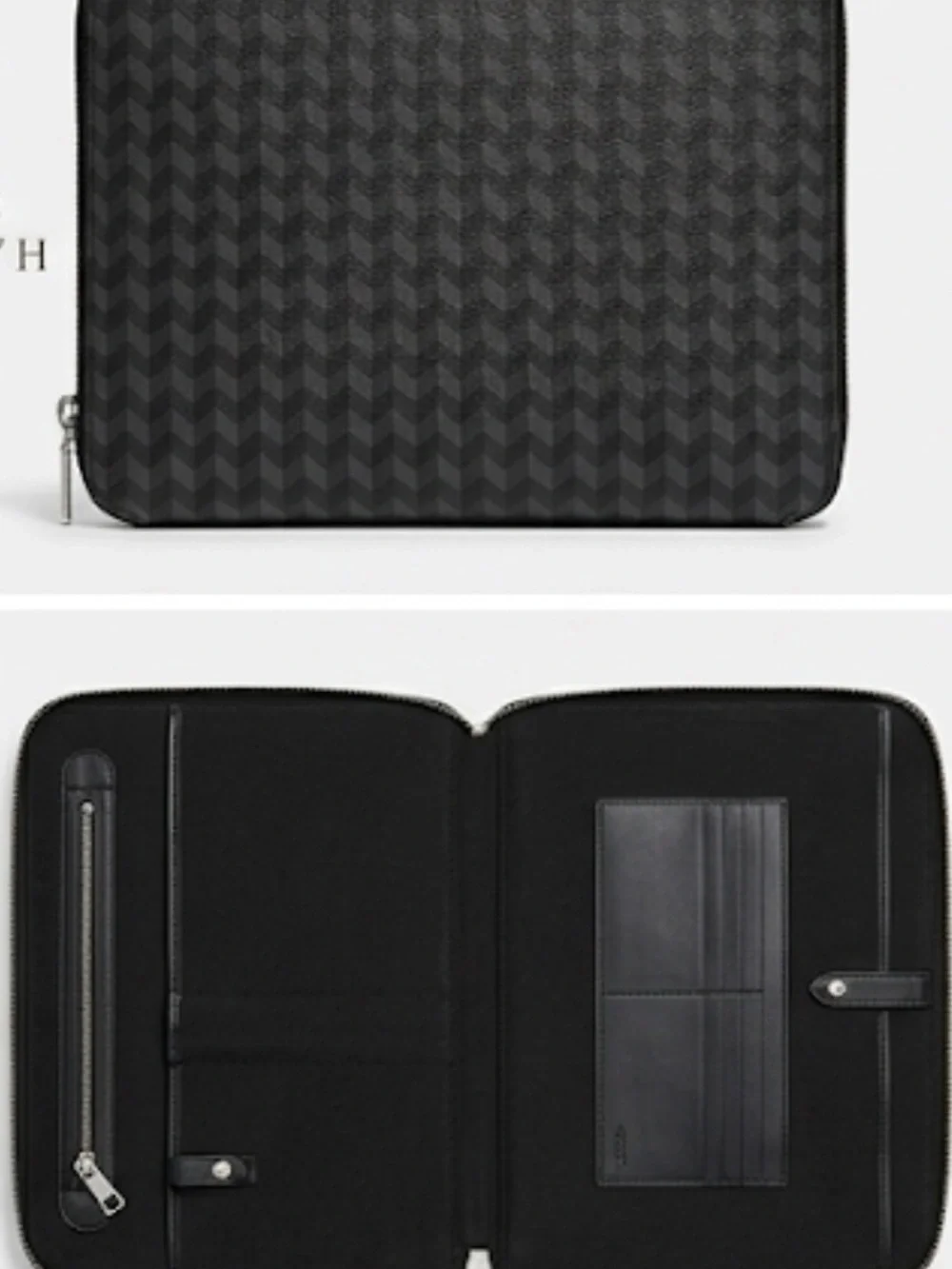 COACH ZIP AROUND TECH CASE PORTFOLIO BLACK GREY HERRINGBONE